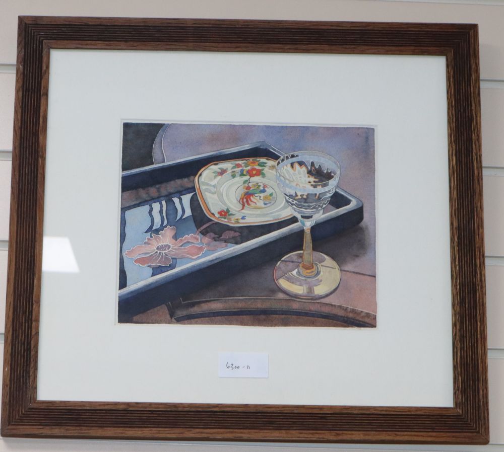 Rita Smith, watercolour, Still life of a glass and tea plate, signed and dated 90, 21 x 26cm